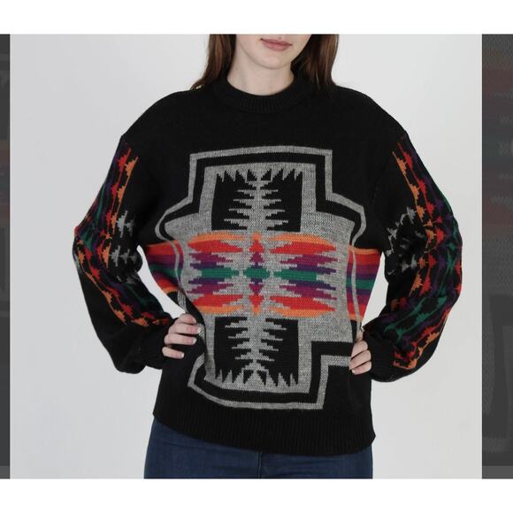 Pendleton Sweaters - Pendleton Western Wear Black Knit Vintage 70s Unisex Wool L Sweater